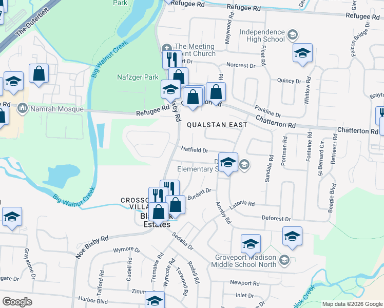 map of restaurants, bars, coffee shops, grocery stores, and more near 5122 Benham Drive in Columbus