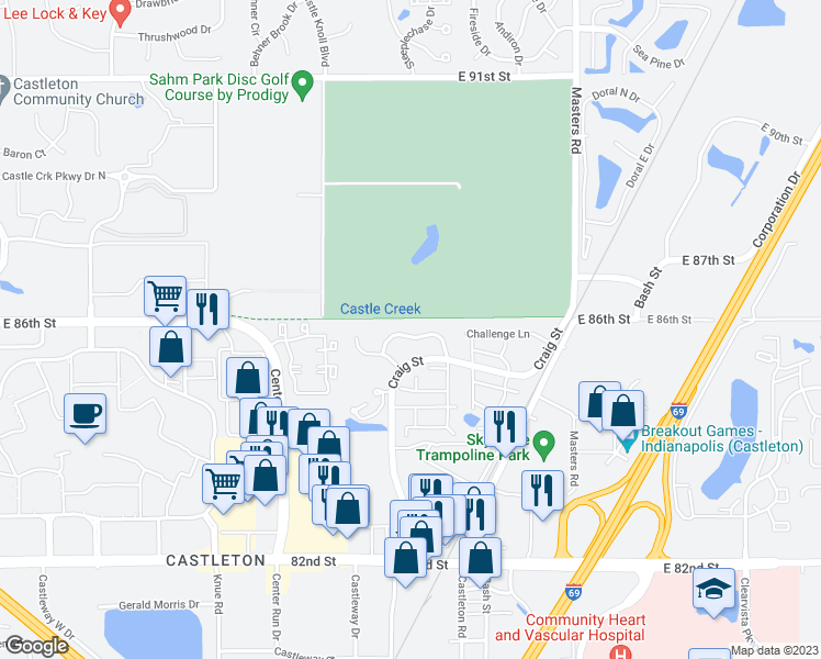 map of restaurants, bars, coffee shops, grocery stores, and more near 6634 Fairway Avenue in Indianapolis