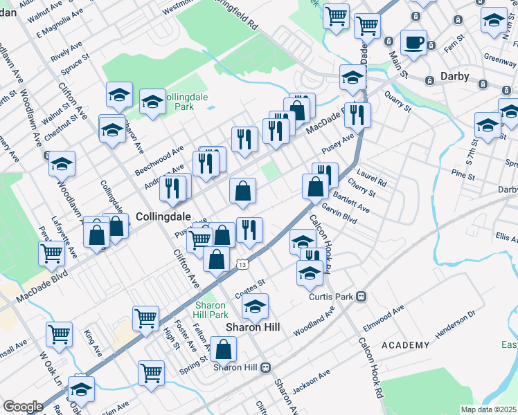 map of restaurants, bars, coffee shops, grocery stores, and more near 3 Jackson Avenue in Collingdale