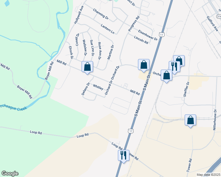 map of restaurants, bars, coffee shops, grocery stores, and more near 3002 Orchard Drive in Chambersburg