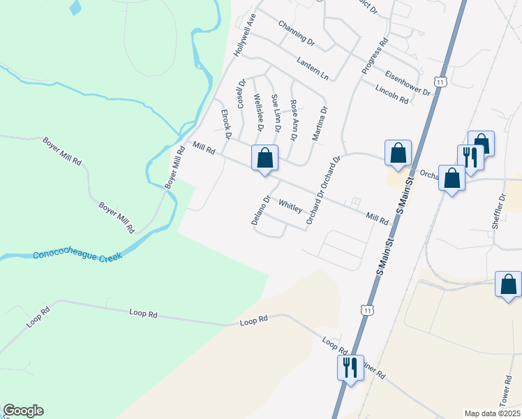 map of restaurants, bars, coffee shops, grocery stores, and more near Delano Drive in Chambersburg