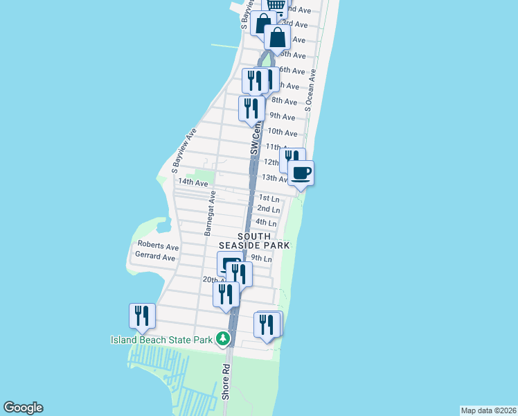 map of restaurants, bars, coffee shops, grocery stores, and more near 15 3rd Lane in Seaside Park