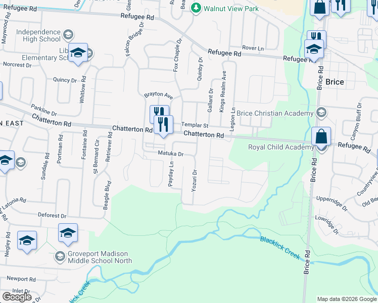 map of restaurants, bars, coffee shops, grocery stores, and more near 5685 Matuka Drive in Columbus