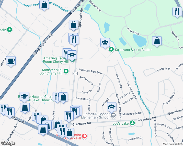 map of restaurants, bars, coffee shops, grocery stores, and more near 1919 Birchwood Park Drive North in Cherry Hill