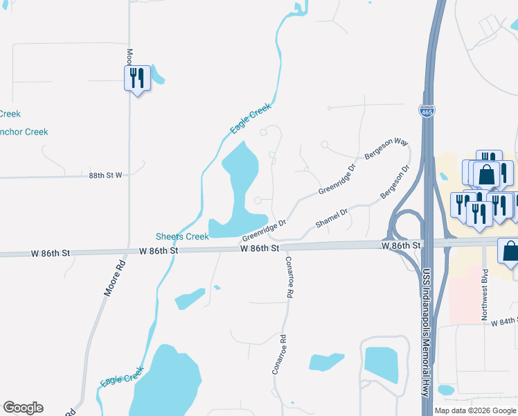map of restaurants, bars, coffee shops, grocery stores, and more near 6723 Waterside Court in Indianapolis