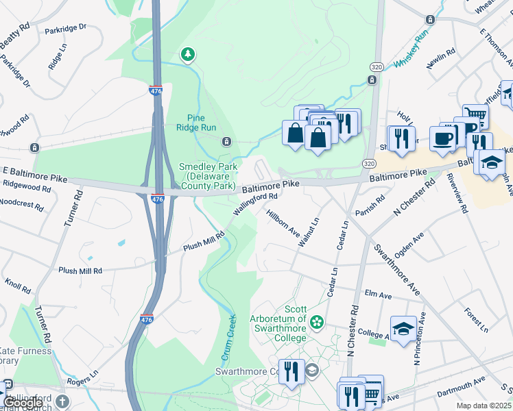 map of restaurants, bars, coffee shops, grocery stores, and more near 1401 Wallingford Road in Springfield