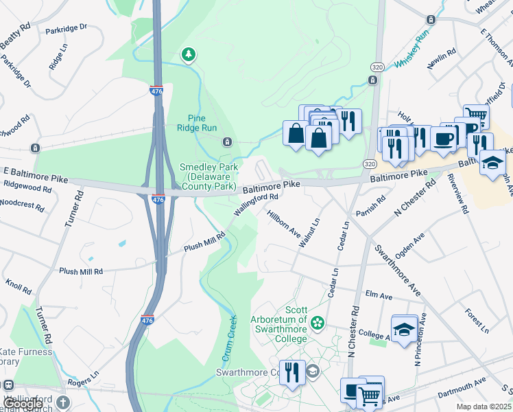 map of restaurants, bars, coffee shops, grocery stores, and more near 1401 Wallingford Road in Springfield