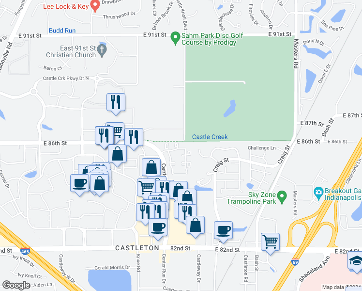 map of restaurants, bars, coffee shops, grocery stores, and more near 6428 Woods Edge North Drive in Indianapolis