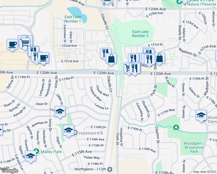 map of restaurants, bars, coffee shops, grocery stores, and more near 11904 East 119th Place in Northglenn