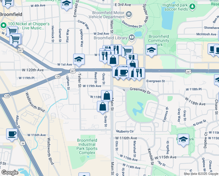 map of restaurants, bars, coffee shops, grocery stores, and more near 1100 Quay Street in Broomfield