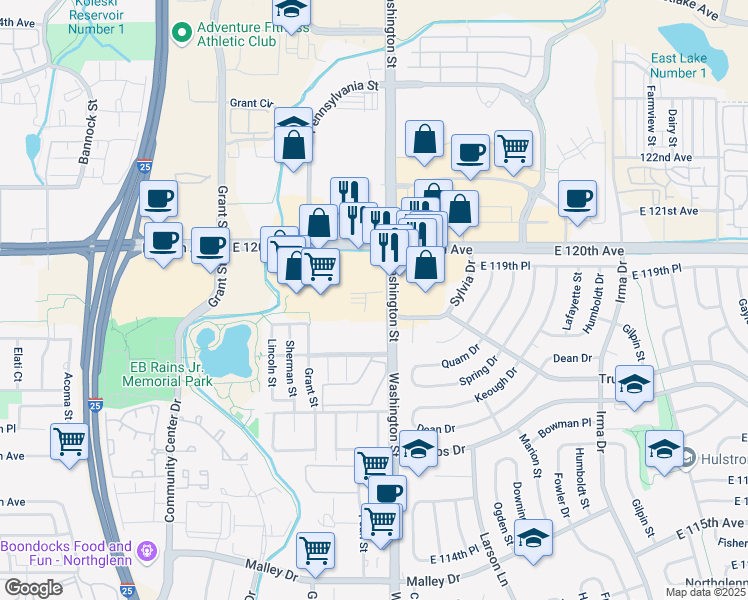 map of restaurants, bars, coffee shops, grocery stores, and more near 11887 Washington Street in Northglenn