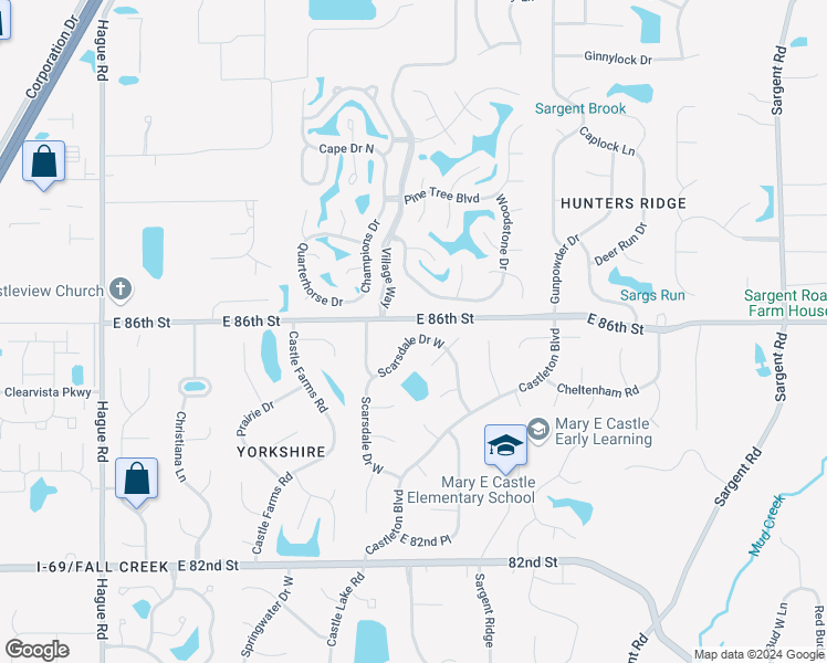 map of restaurants, bars, coffee shops, grocery stores, and more near 8568 Scarsdale Drive West in Indianapolis