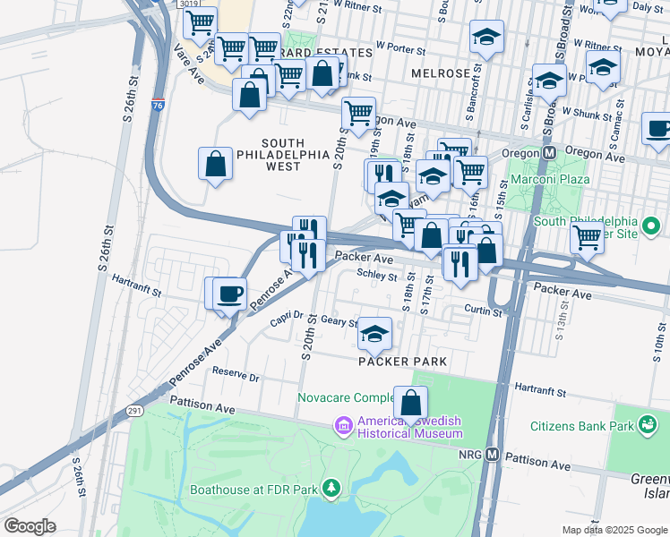 map of restaurants, bars, coffee shops, grocery stores, and more near 1945 Schley Street in Philadelphia