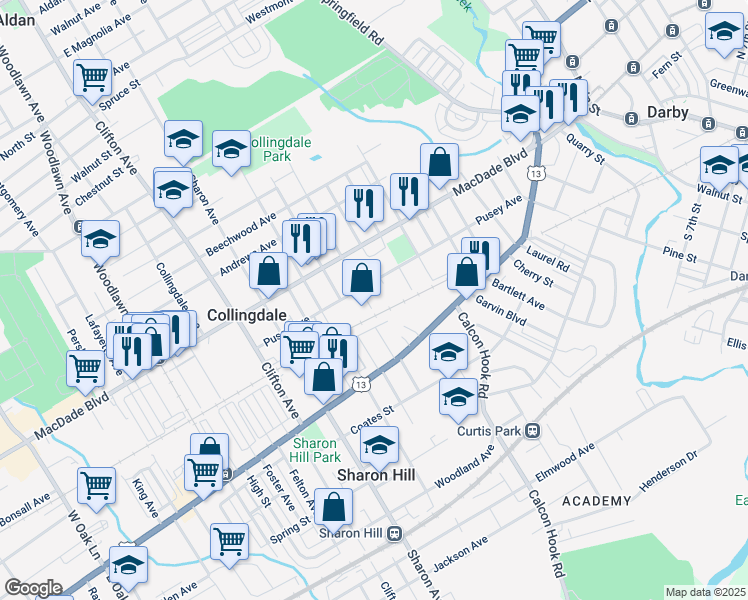 map of restaurants, bars, coffee shops, grocery stores, and more near 3 Jackson Avenue in Collingdale