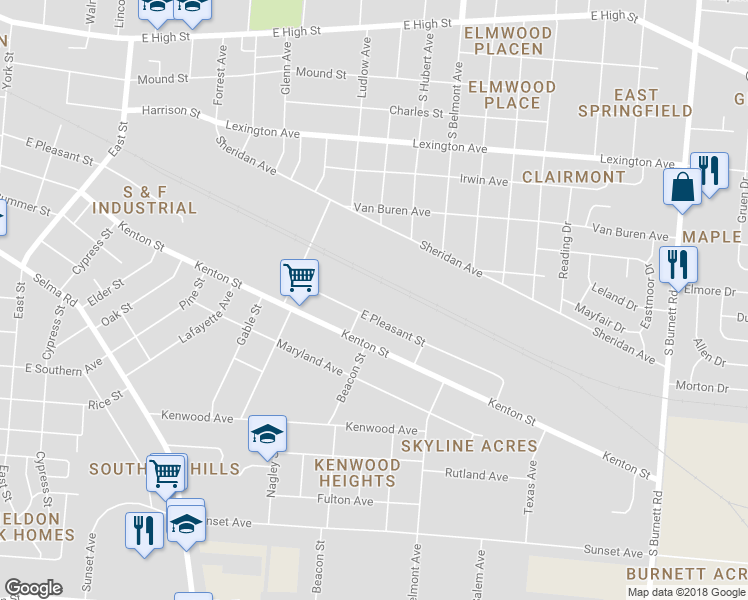 map of restaurants, bars, coffee shops, grocery stores, and more near 1712 East Pleasant Street in Springfield