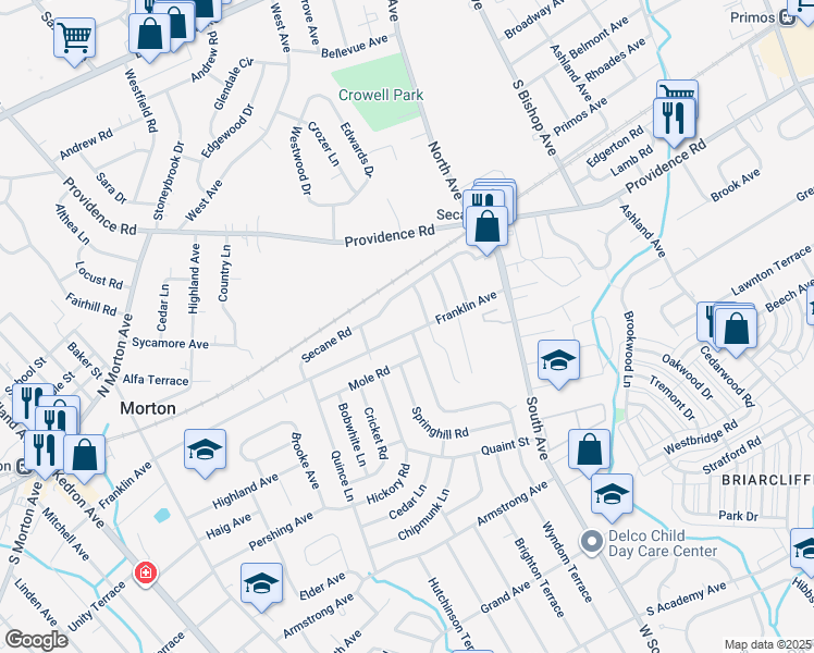 map of restaurants, bars, coffee shops, grocery stores, and more near 2435 Franklin Avenue in Delaware County