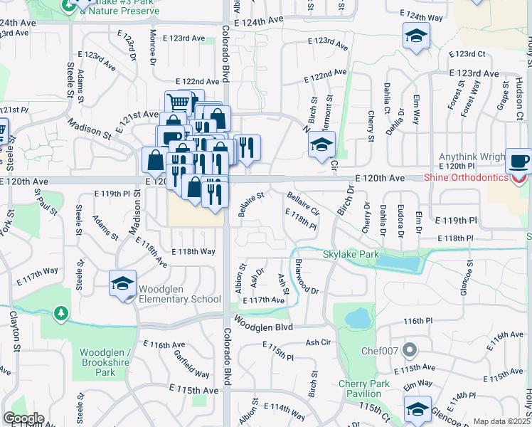 map of restaurants, bars, coffee shops, grocery stores, and more near 4115 East 119th Place in Thornton