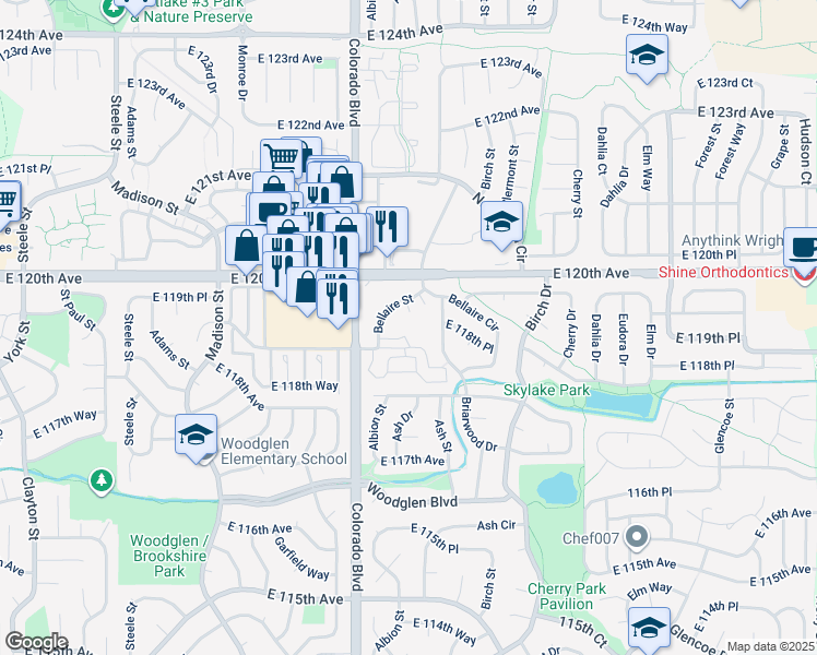 map of restaurants, bars, coffee shops, grocery stores, and more near 4115 East 119th Place in Thornton