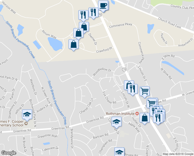 map of restaurants, bars, coffee shops, grocery stores, and more near 2016 Raven's Row in Marlton