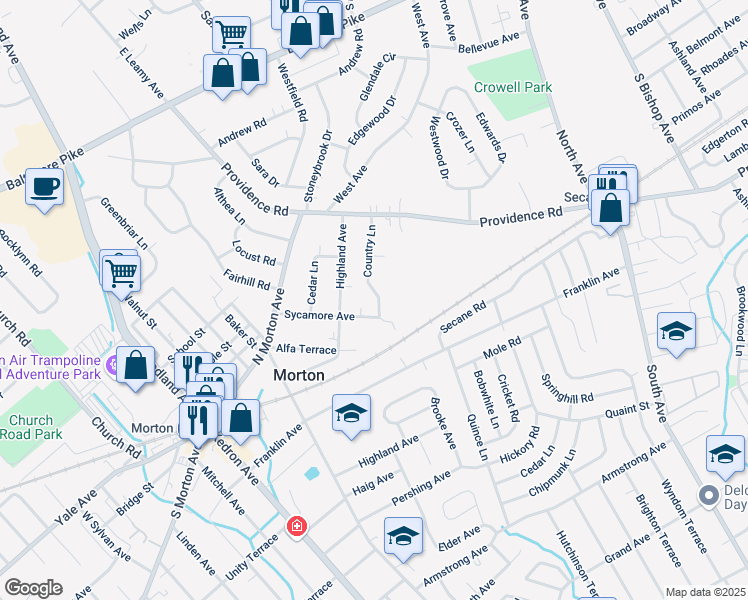 map of restaurants, bars, coffee shops, grocery stores, and more near 128 Sycamore Avenue in Morton