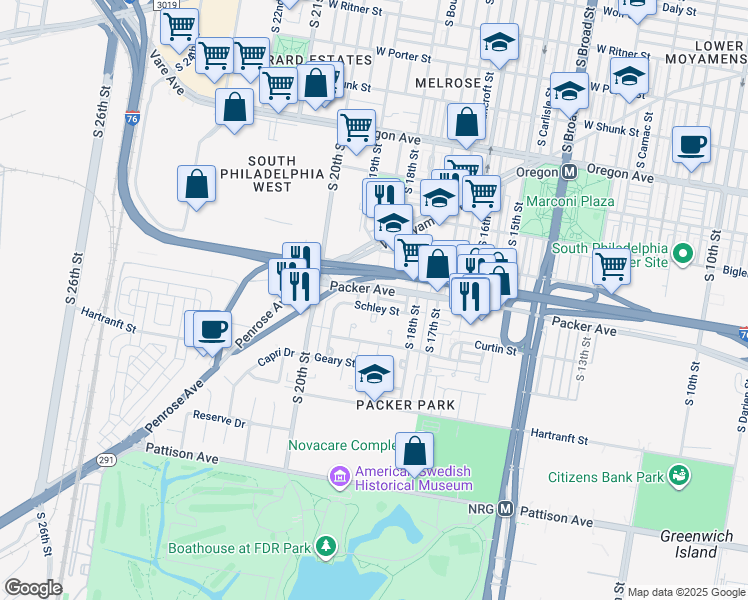 map of restaurants, bars, coffee shops, grocery stores, and more near 3111 South 19th Street in Philadelphia