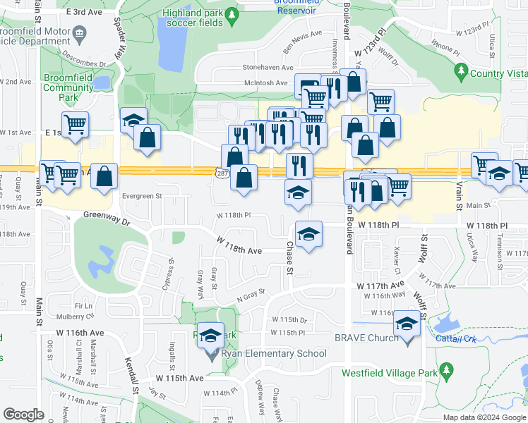 map of restaurants, bars, coffee shops, grocery stores, and more near 5637 West 118th Place in Westminster