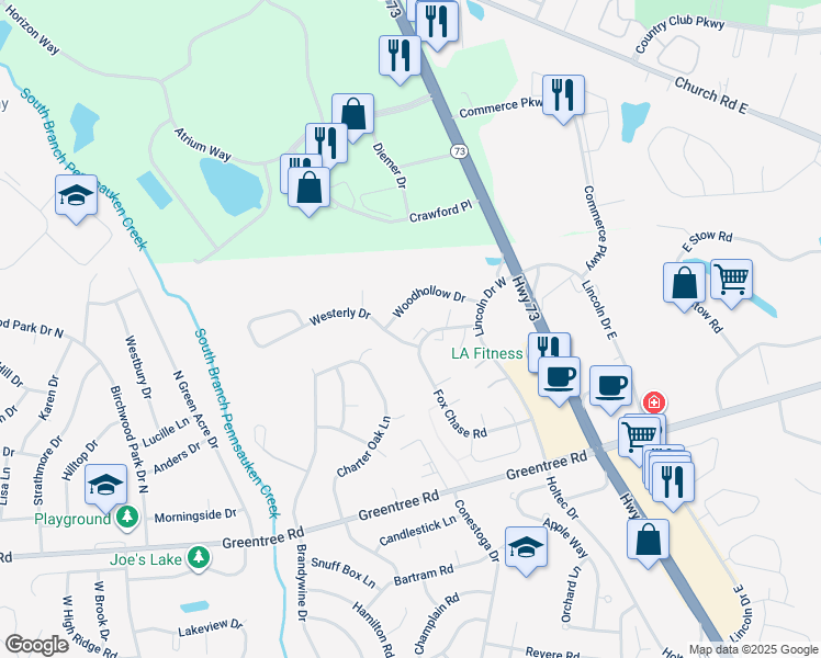 map of restaurants, bars, coffee shops, grocery stores, and more near 1 Westerly Drive in Evesham