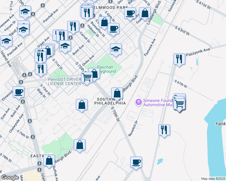 map of restaurants, bars, coffee shops, grocery stores, and more near 6930 Ibis Place in Philadelphia