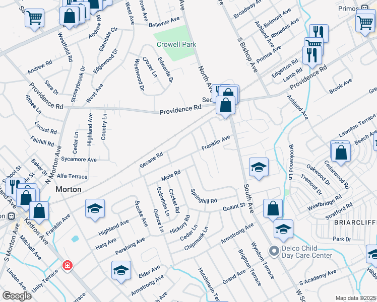 map of restaurants, bars, coffee shops, grocery stores, and more near 2435 Franklin Avenue in Delaware County