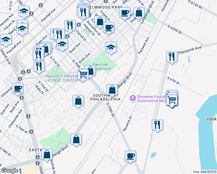 map of restaurants, bars, coffee shops, grocery stores, and more near 6928 Ibis Place in Philadelphia