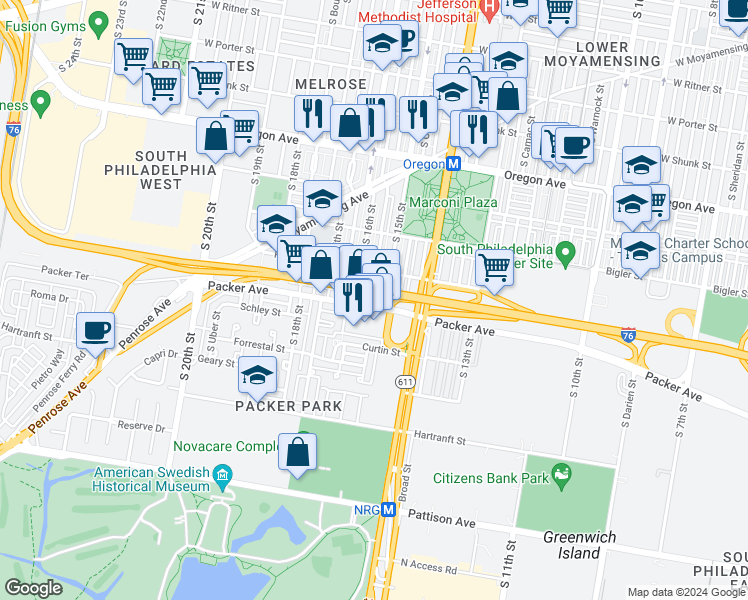 map of restaurants, bars, coffee shops, grocery stores, and more near 1513 Packer Avenue in Philadelphia