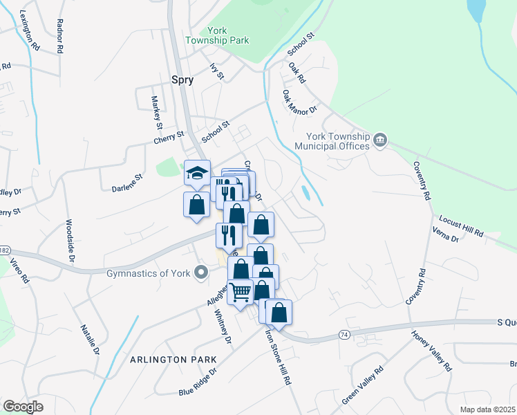 map of restaurants, bars, coffee shops, grocery stores, and more near 150 Farm Lane in York