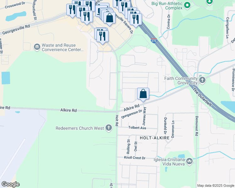 map of restaurants, bars, coffee shops, grocery stores, and more near 1957 Holt Road in Columbus