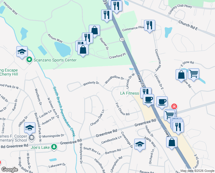 map of restaurants, bars, coffee shops, grocery stores, and more near 1 Westerly Drive in Evesham