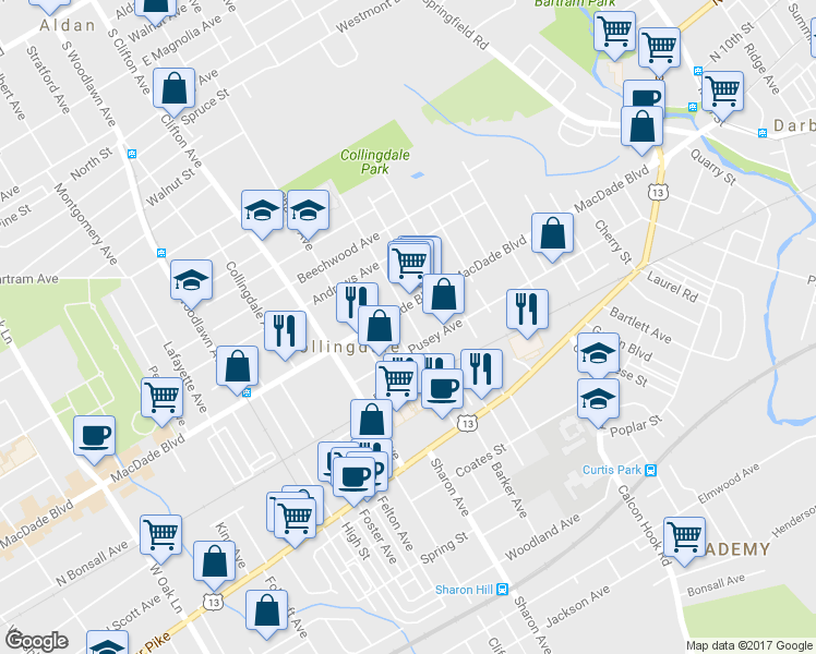 map of restaurants, bars, coffee shops, grocery stores, and more near 116 Felton Avenue in Collingdale