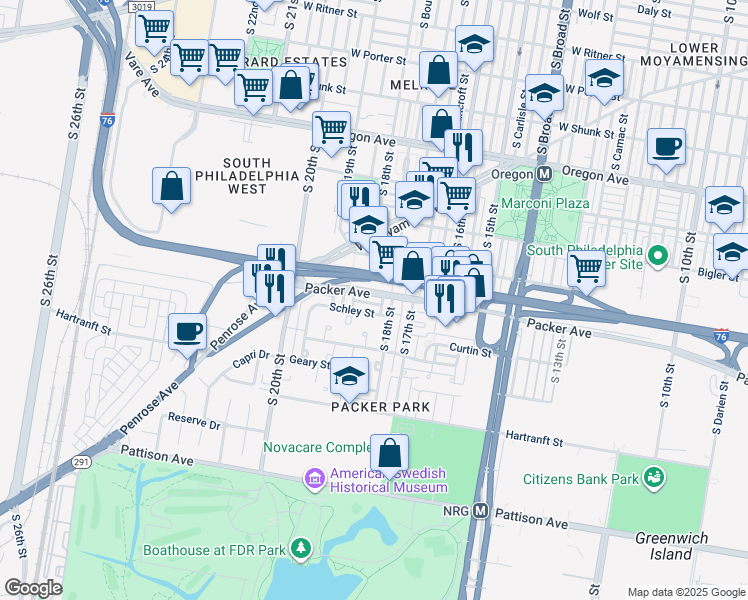 map of restaurants, bars, coffee shops, grocery stores, and more near 1820 Packer Avenue in Philadelphia