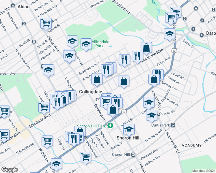map of restaurants, bars, coffee shops, grocery stores, and more near 116 Felton Avenue in Collingdale
