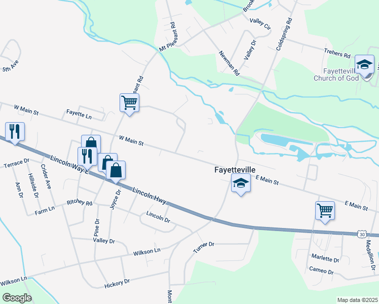 map of restaurants, bars, coffee shops, grocery stores, and more near 79 West Main Street in Fayetteville