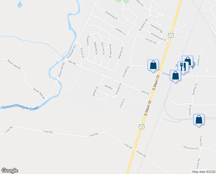 map of restaurants, bars, coffee shops, grocery stores, and more near 240 Whitley in Chambersburg