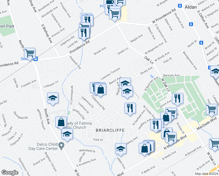 map of restaurants, bars, coffee shops, grocery stores, and more near 911 Poplar Avenue in Glenolden