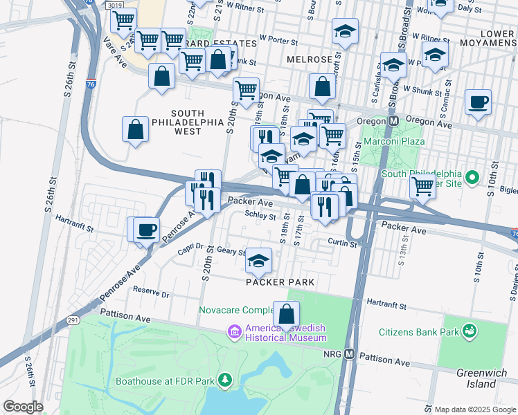 map of restaurants, bars, coffee shops, grocery stores, and more near 3109 South 19th Street in Philadelphia