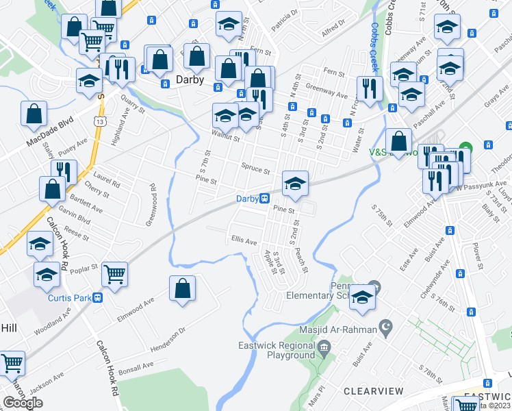 map of restaurants, bars, coffee shops, grocery stores, and more near 407 Colwyn Avenue in Darby