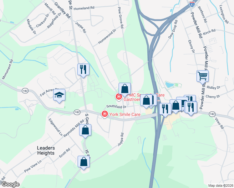 map of restaurants, bars, coffee shops, grocery stores, and more near 2556 Joppa Road in York