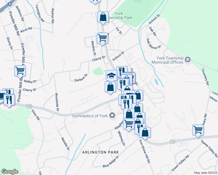 map of restaurants, bars, coffee shops, grocery stores, and more near 2500 South Queen Street in York