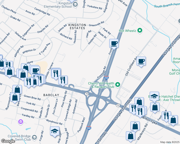 map of restaurants, bars, coffee shops, grocery stores, and more near 1900 Frontage Road in Cherry Hill