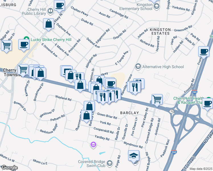 map of restaurants, bars, coffee shops, grocery stores, and more near 1188 New Jersey 70 in Cherry Hill