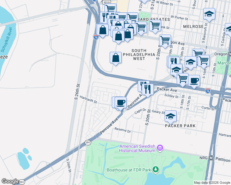 map of restaurants, bars, coffee shops, grocery stores, and more near 3209 Pietro Way in Philadelphia