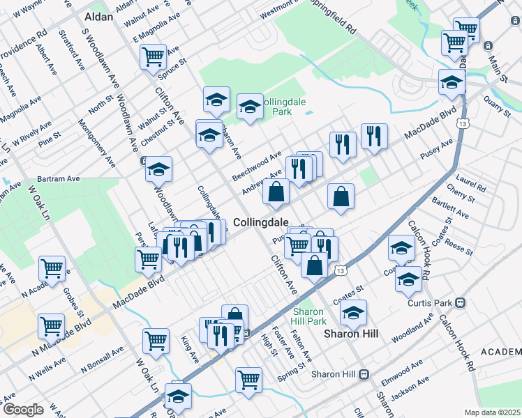 map of restaurants, bars, coffee shops, grocery stores, and more near in Collingdale
