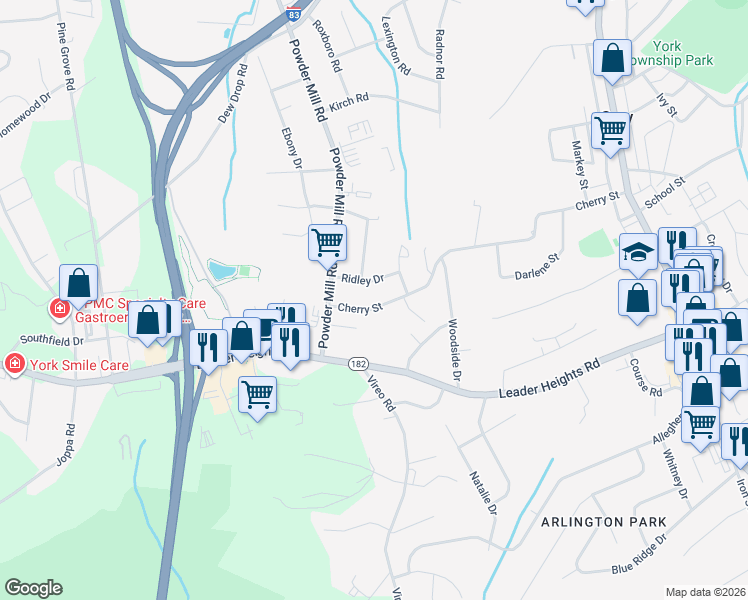 map of restaurants, bars, coffee shops, grocery stores, and more near 211 Cherry Street in York