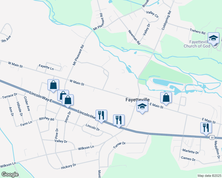 map of restaurants, bars, coffee shops, grocery stores, and more near 79 West Main Street in Fayetteville